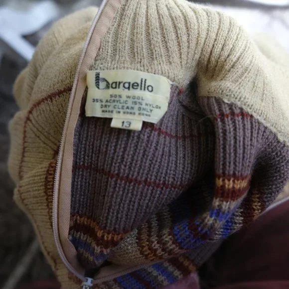 Vintage Bargello Knitted Camel Colored Striped Turtleneck Sweater Dress - Picture 9 of 11